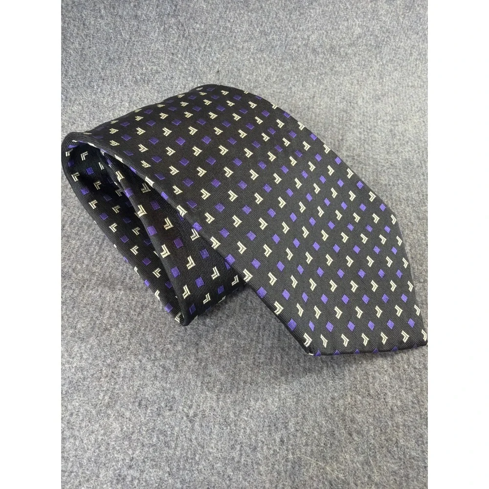 Polo Ralph Lauren Tie Mens Black Purple Geometric 100% Silk Hand Made USA‎